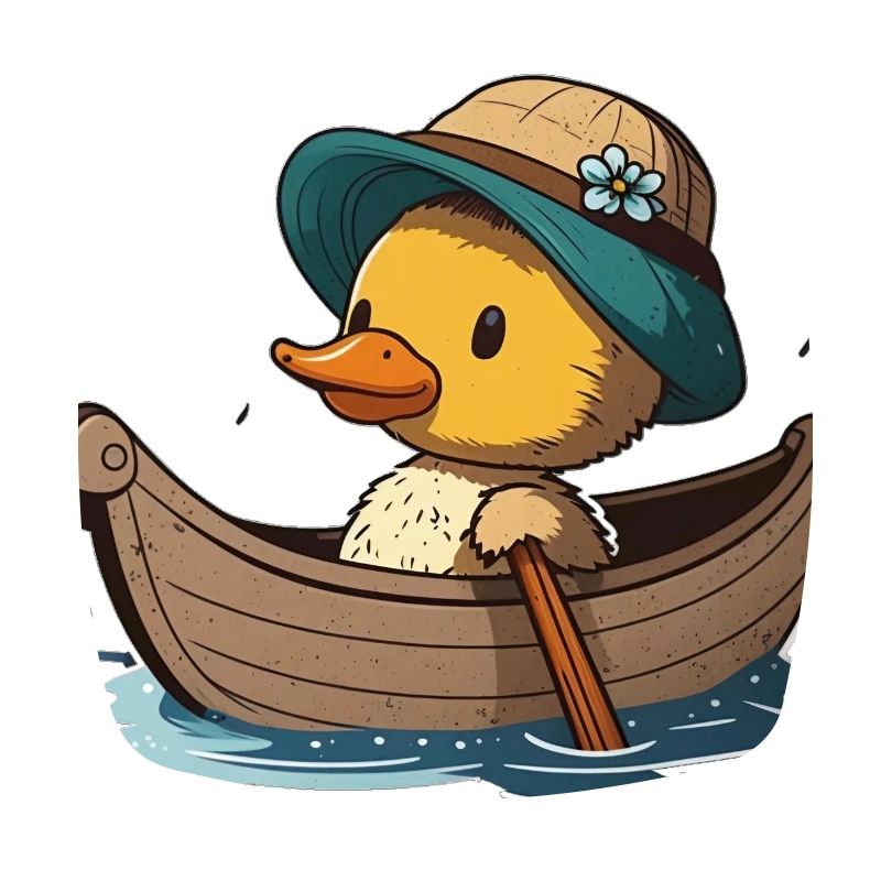 Canard mignon en bateau à rames avec chapeau d’été et fleur