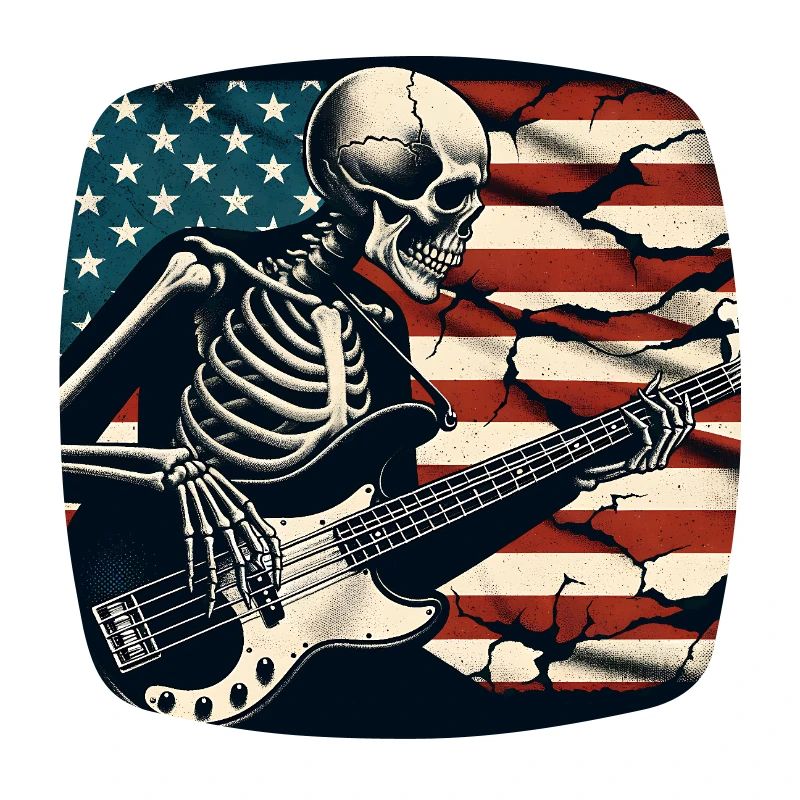 Crâne squelette avec guitare basse et drapeau américain