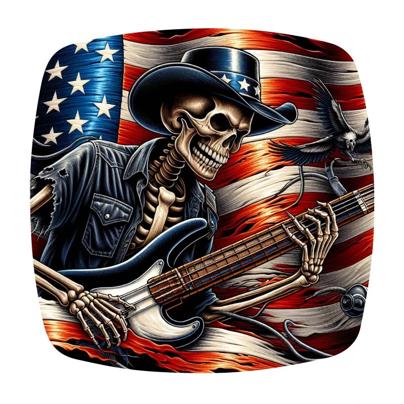 Crâne squelette avec guitare basse et drapeau américain