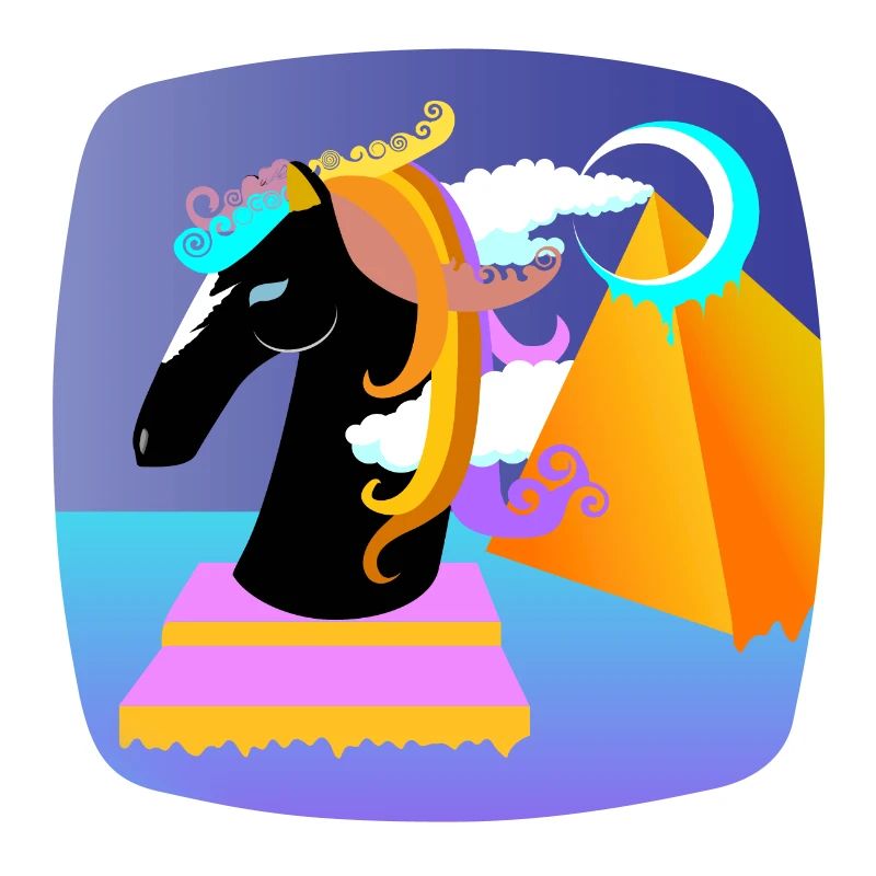 Cheval d’échecs pop art avec pyramide à l’arrière