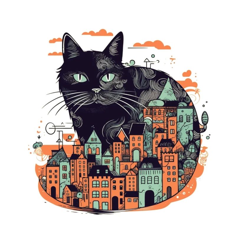 Chat noir assis devant une ville colorée
