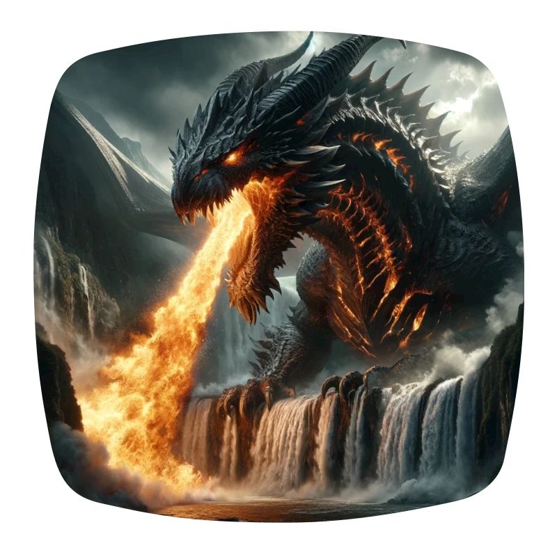 Feuerspeiender Drache im Wasserfall