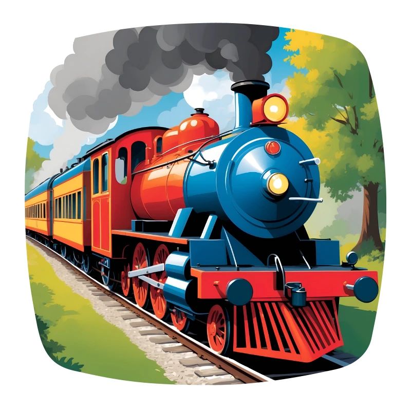 Bunte Eisenbahn mit rauchender Dampflokomotive