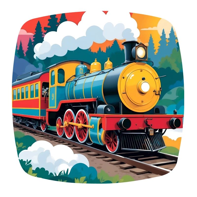 Bunte Eisenbahn mit rauchender Dampflokomotive