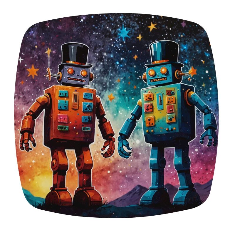 Two robots with cylinders under the stars