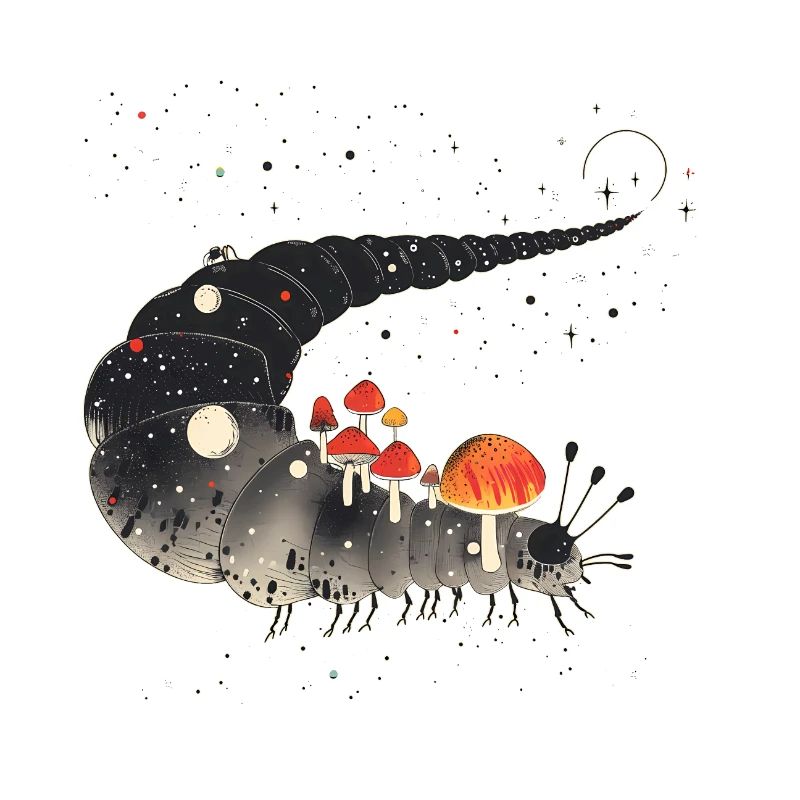 Surreal Caterpillar with Toadstools - Forest Motif