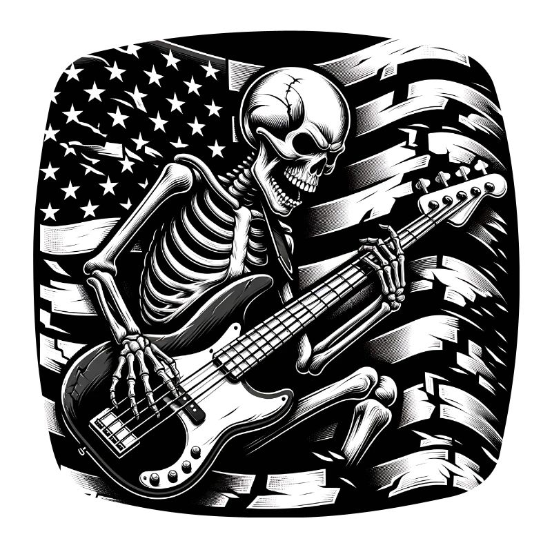 Un squelette de crâne joue de la basse devant le drapeau des États-Unis