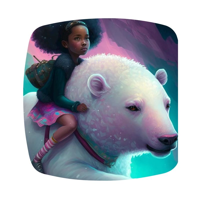 Schwarzes Mädchen reitet auf Eisbär