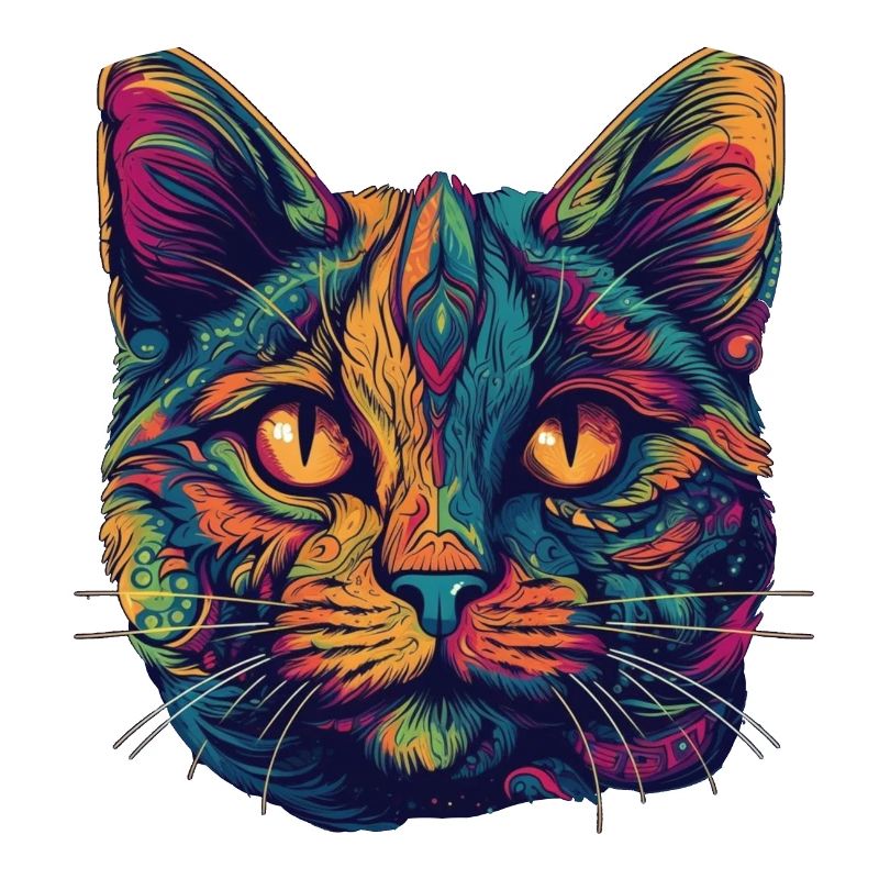 Psychedelic cat face with colorful patterns