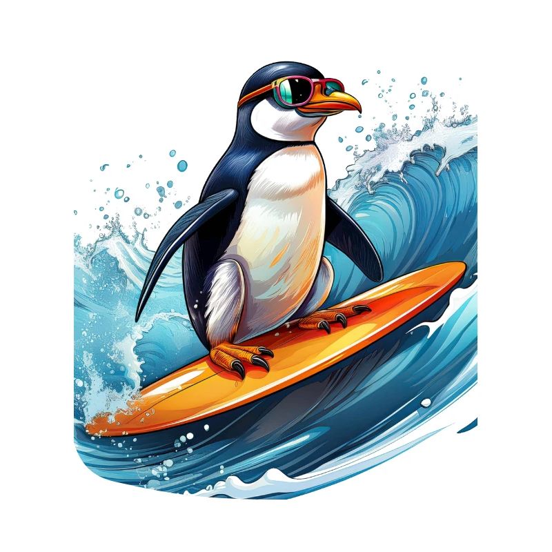 A penguin on a surfboard
