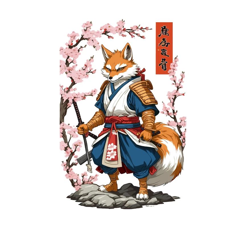 Kitsune Samurai Fox Vintage Ukiyo-e Style