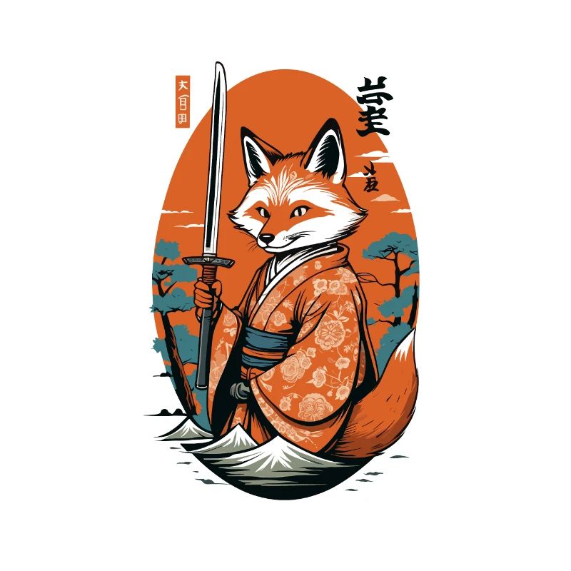 Kitsune Samurai Fox Vintage Ukiyo-e Style