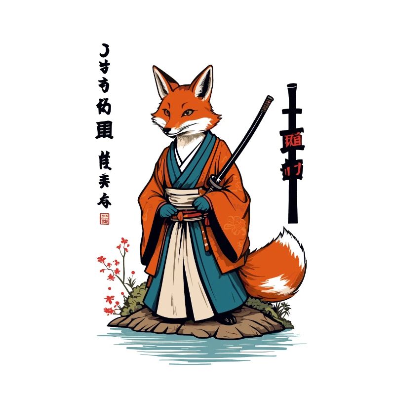 Kitsune Samurai Fox Vintage Ukiyo-e Style
