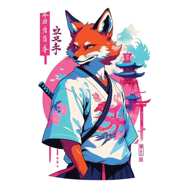 Kitsune Samurai Fox Aesthetic Vaporwave Style