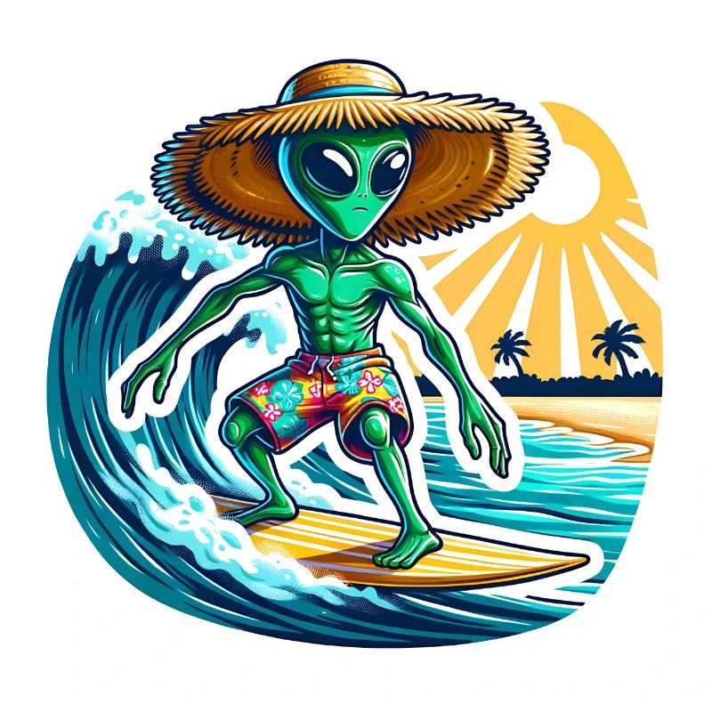 Drôle de petit extraterrestre sur planche de surf