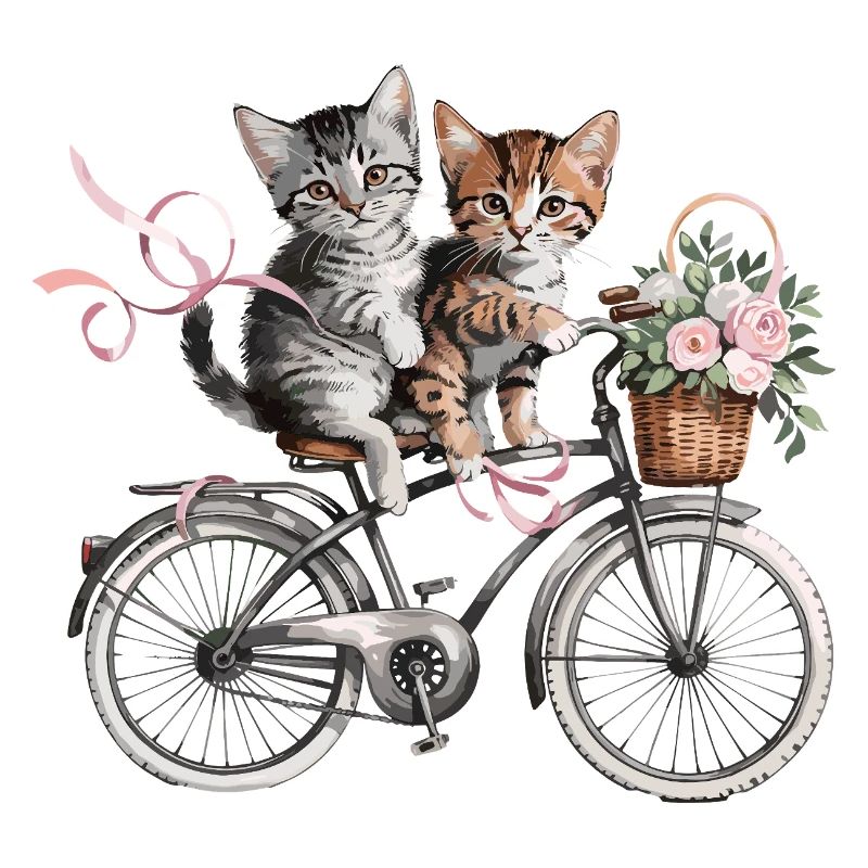Des chatons mignons sur le vélo avec un panier de fleurs