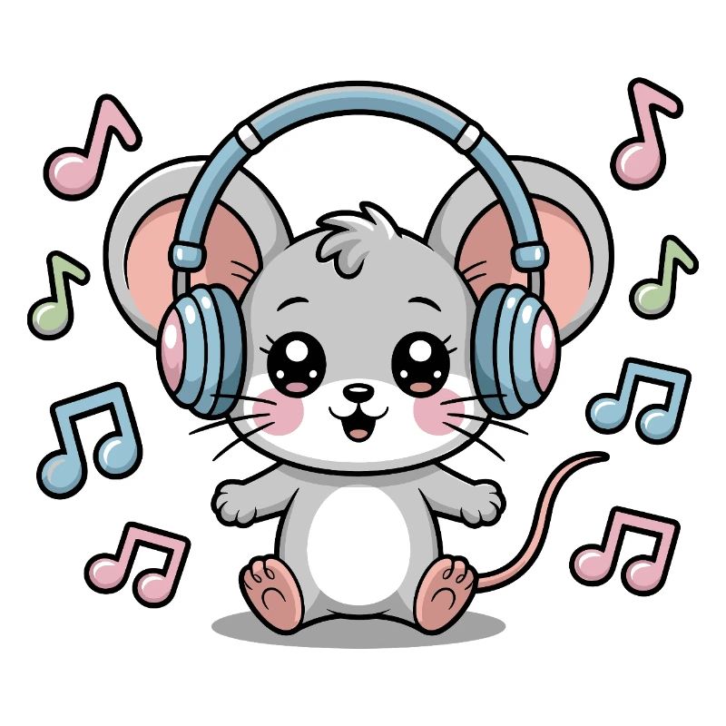 Cute mouse with headphones and music notes