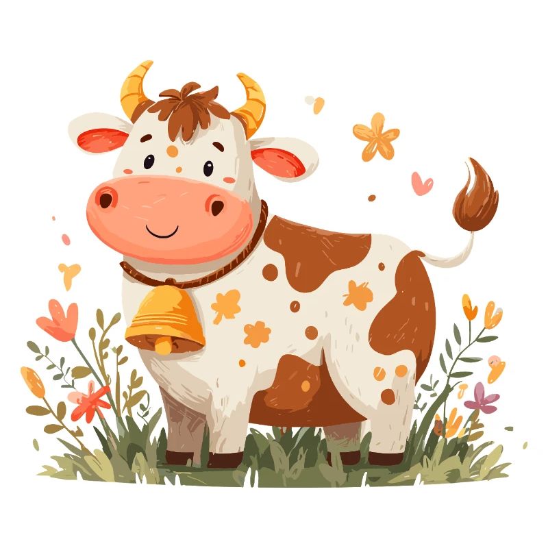Vache avec clochette dans un champ de fleurs