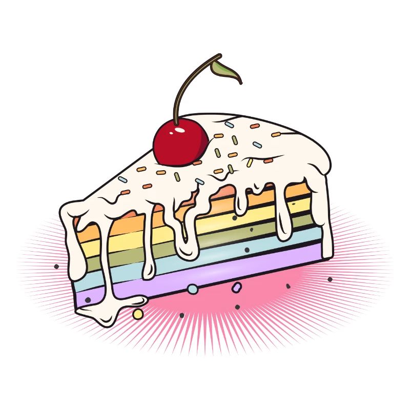 Piece of rainbow cake with cherry in comic style