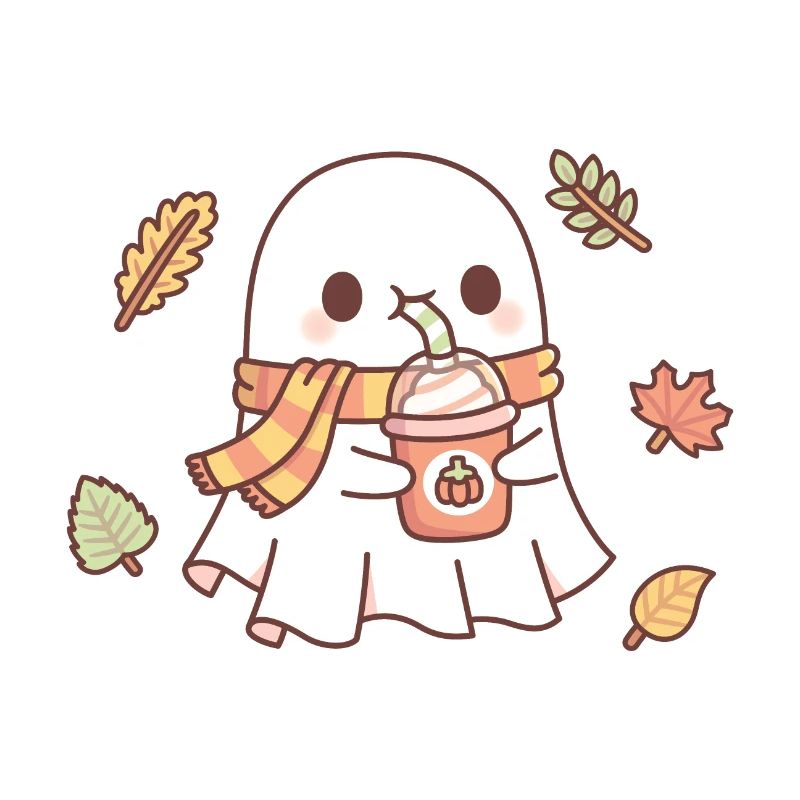 Cute Ghost Drinking Pumpkin Spice Latte Autumn