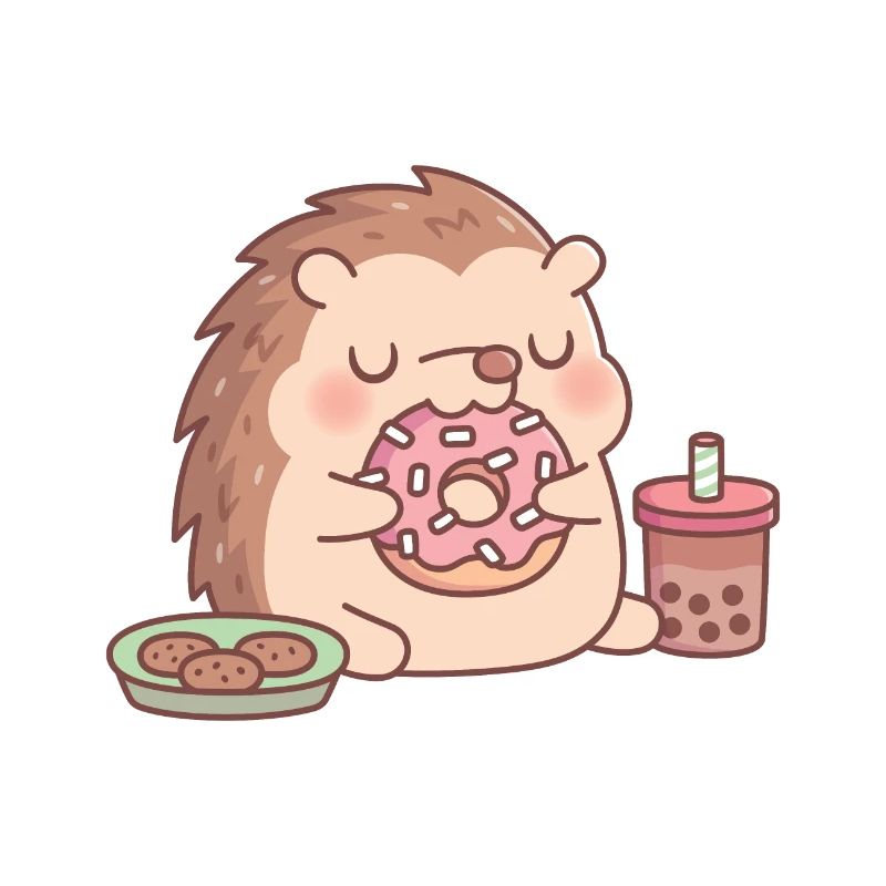 Hérisson mignon mangeant des biscuits beignets et du thé boba