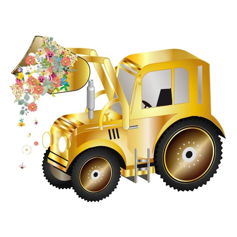 Tractor front loader with blossom flowers and greenery