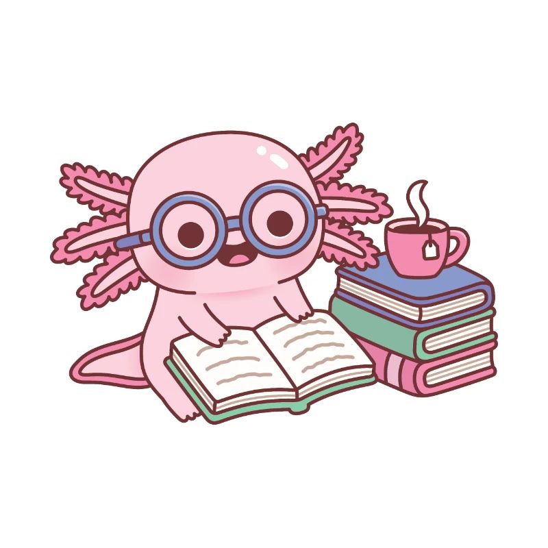 Niedlicher Axolotl mit Brille liest ein Buch