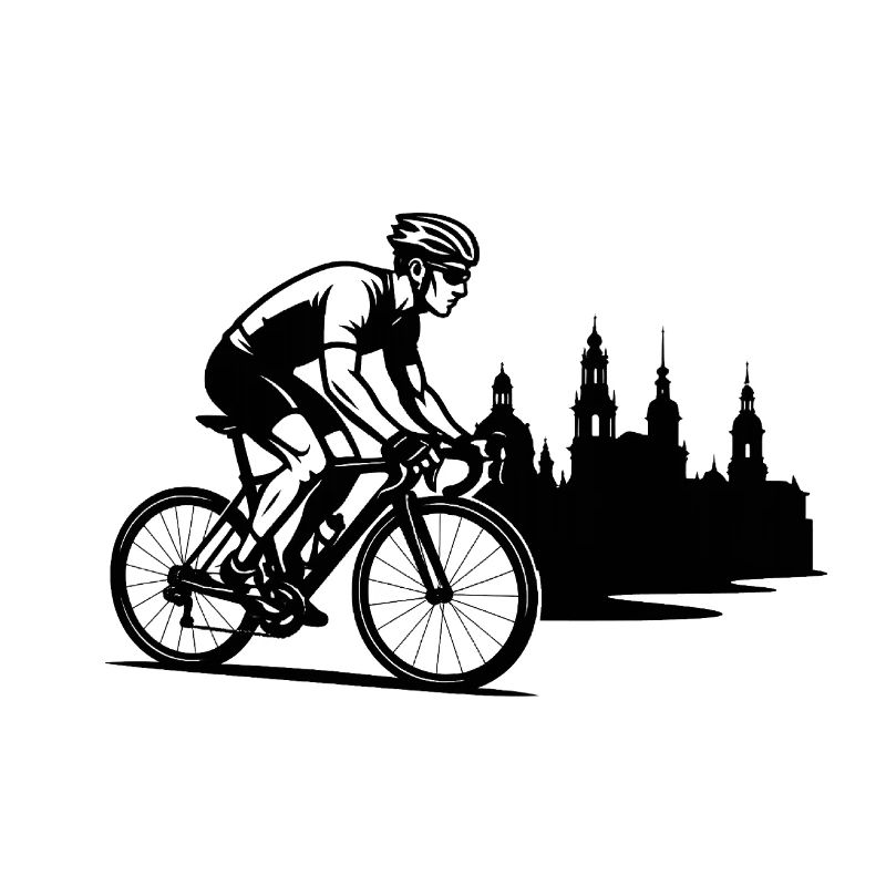 Des cyclistes en course devant la silhouette de Dresde