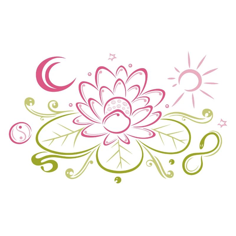 Lotus avec lune, Yin Yang et soleil, infinity