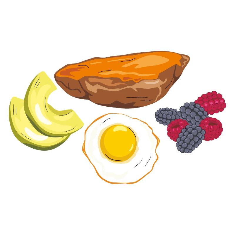 Fried egg, sweet potato, avocado and berries