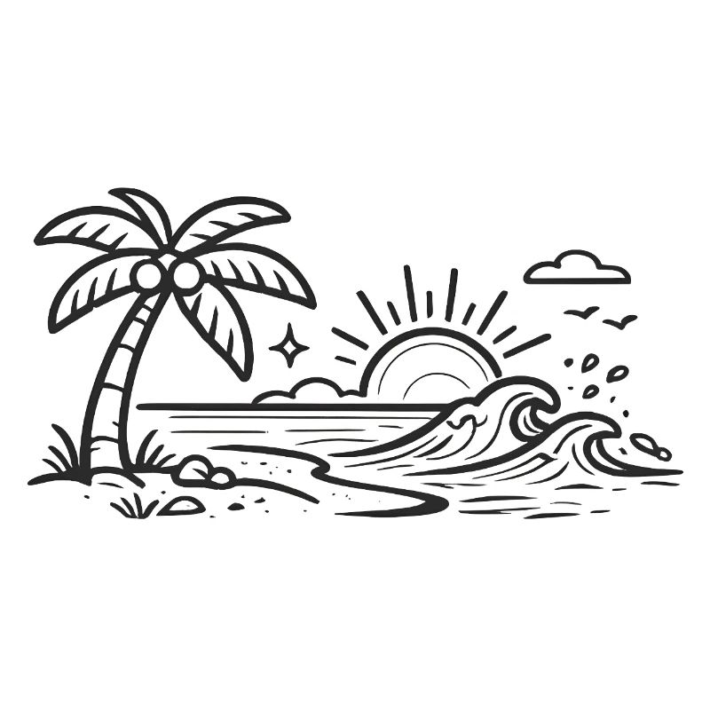 Tropical Palm Wave Line Art