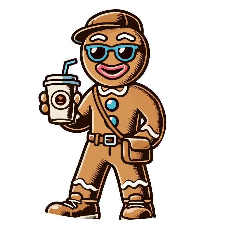 Funny gingerbread man with coffee for Christmas