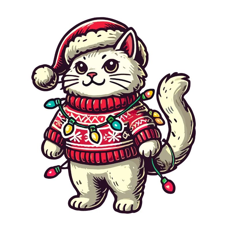 Chat de Noël en pull avec des guirlandes lumineuses