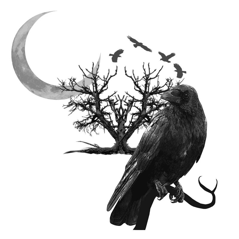 raven, crescent moon, trees, gothic design