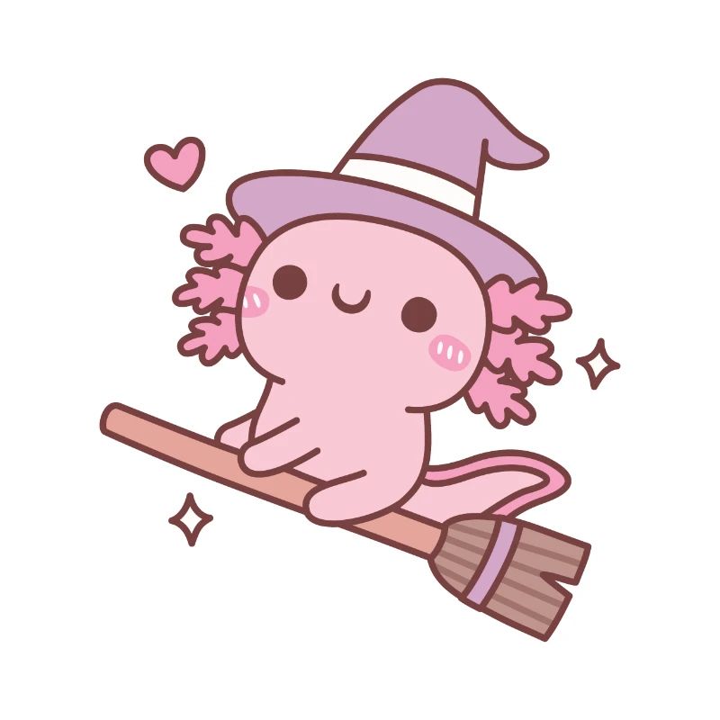 Cute Axolotl Witch On Flying Broom