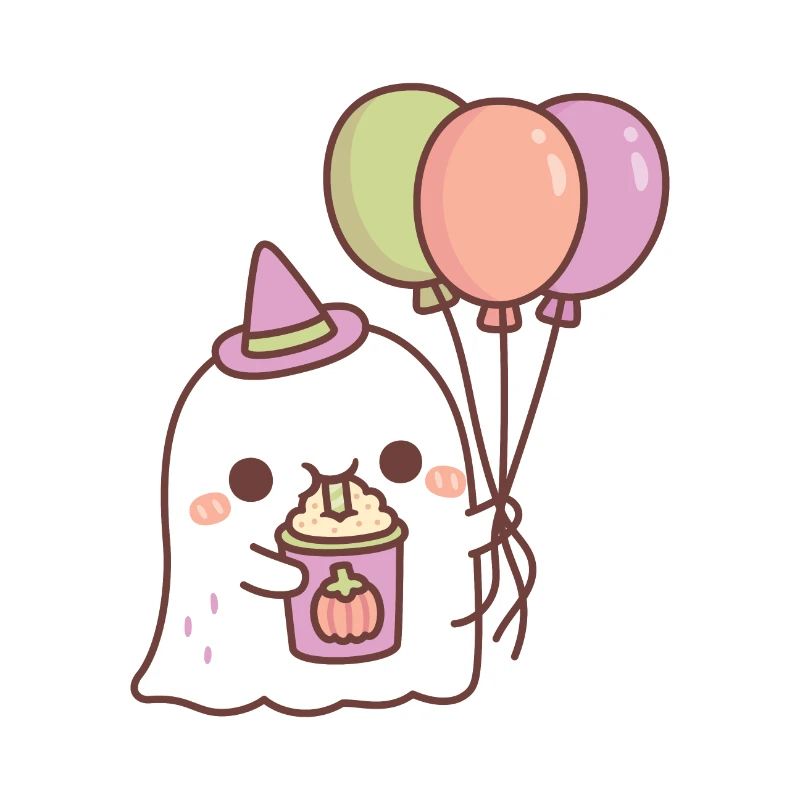 Geist mit Luftballons trinkt Pumpkin Spice Latte