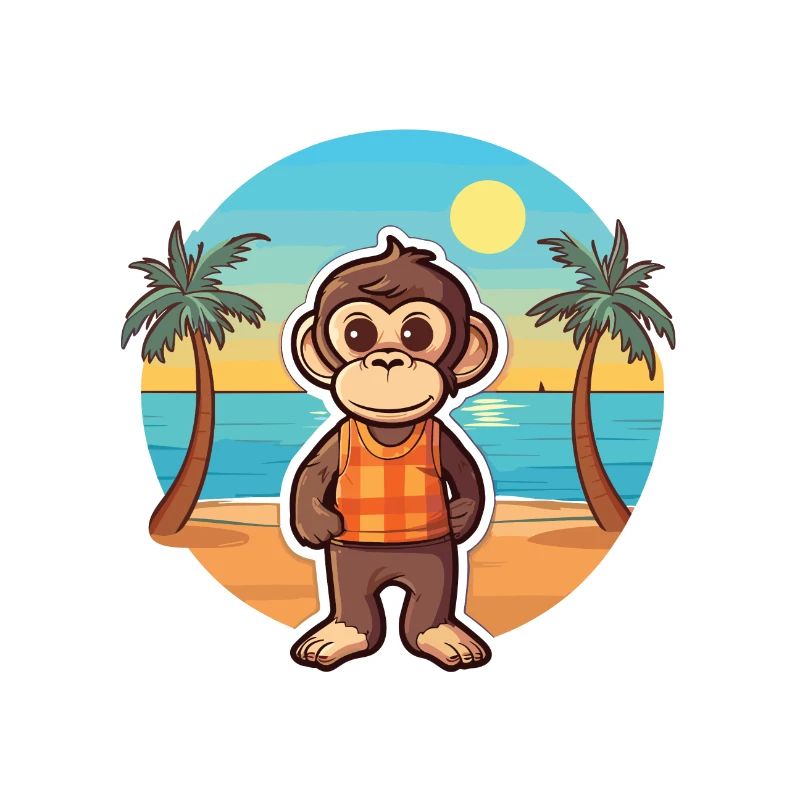 Monkey Funny Cartoon Kawaii Beach Illustration