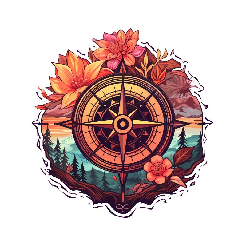 Wunderschöner Boho Kompass mit Blumen und Bäumen