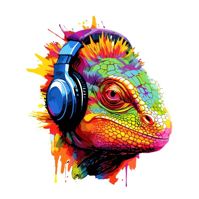 Chamäleon mit Kopfhörer Musik Chamäleons