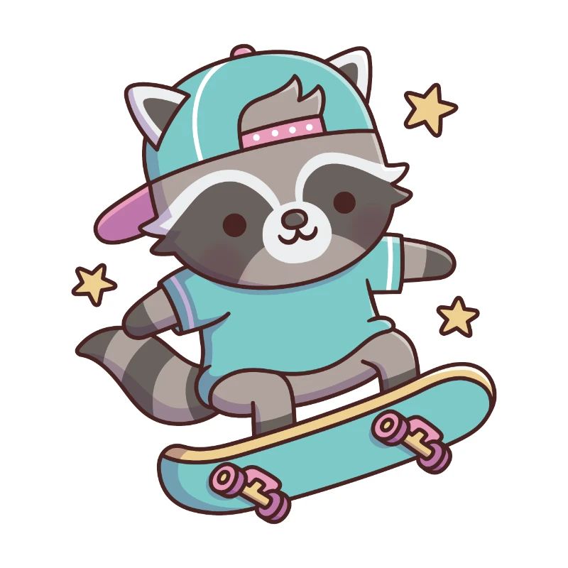 Cute Raccoon With Hat Doing Stunts On Skateboard