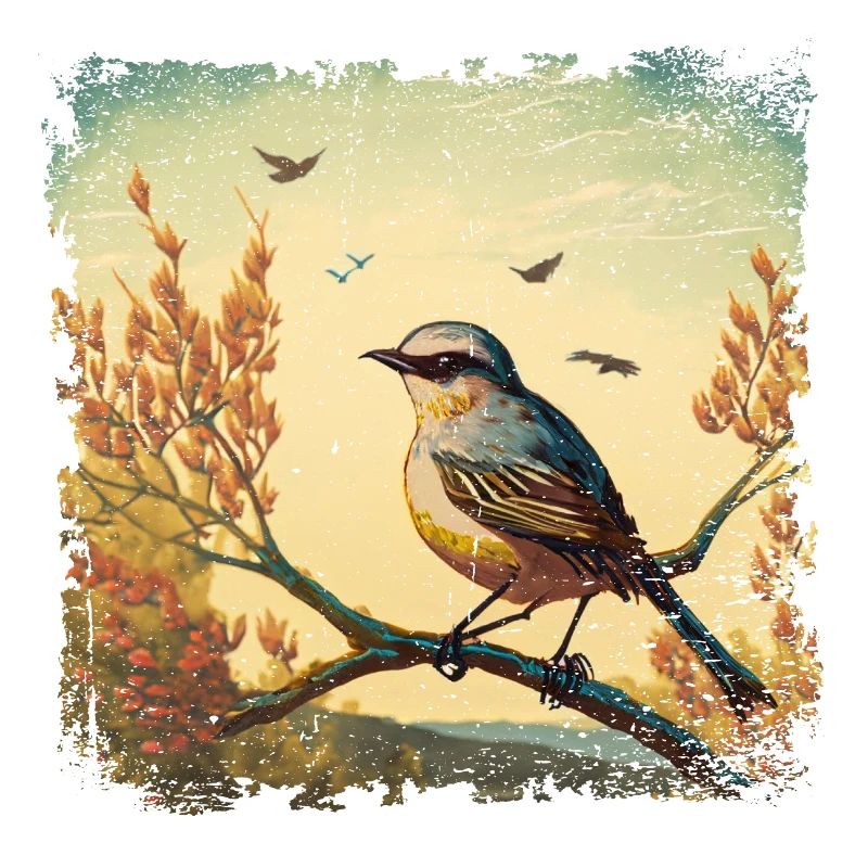 Vogel sitzt auf Ast, mediterraner Hintergrund
