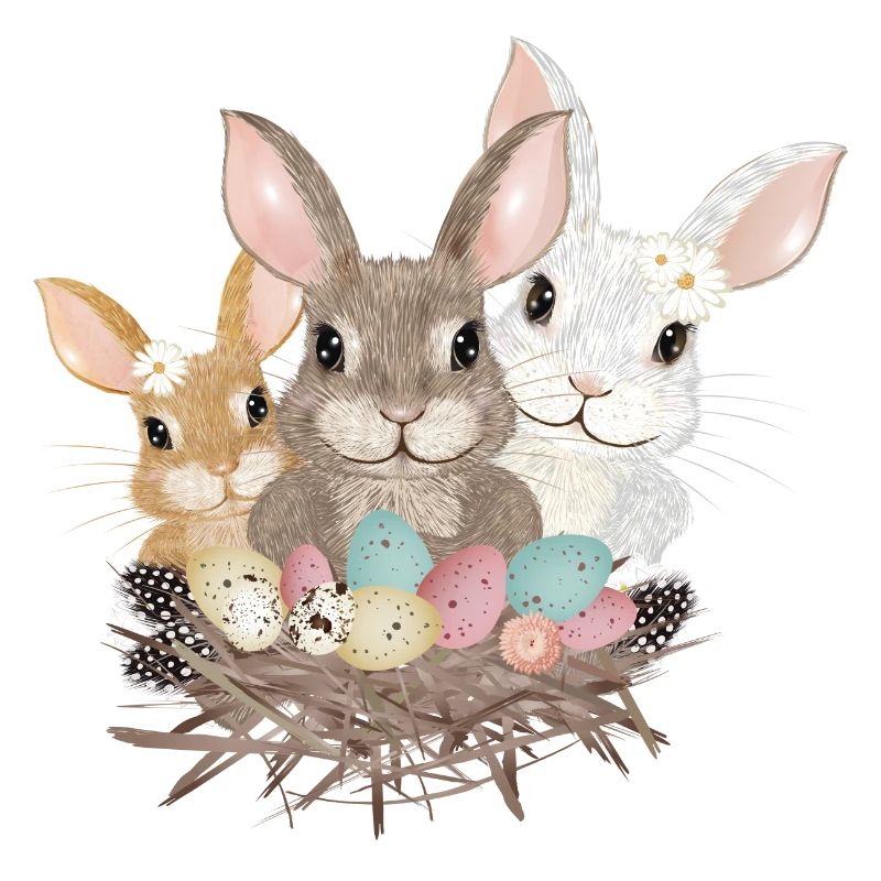 cute easter bunnies family with pastel easter eggs