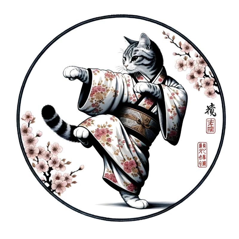 Chat avec kimono en position de combat de kung-fu
