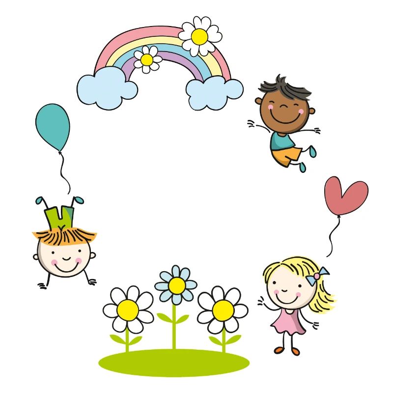 Kinder der Erde mit Regenbogen Blumen Luftballon