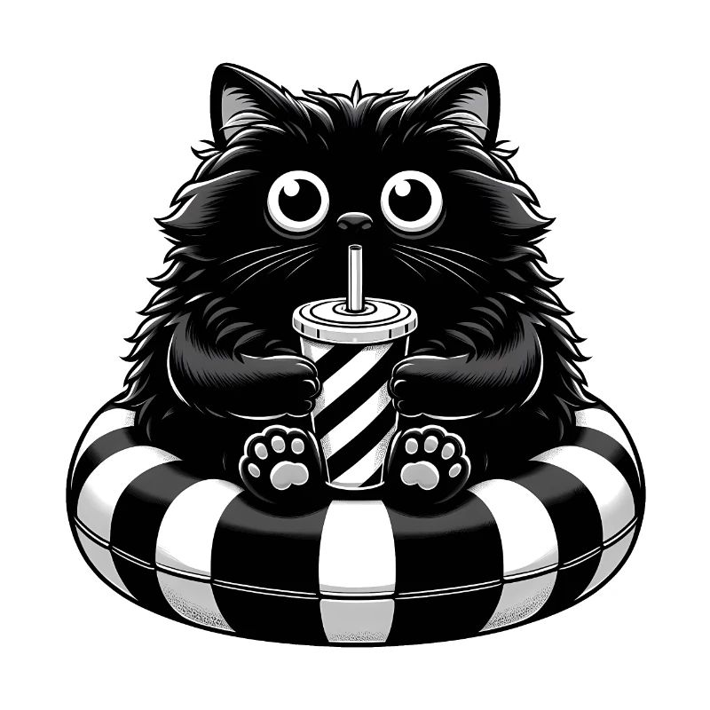Cute Fat Black Cat with Soda: Lazy Summer Vibes