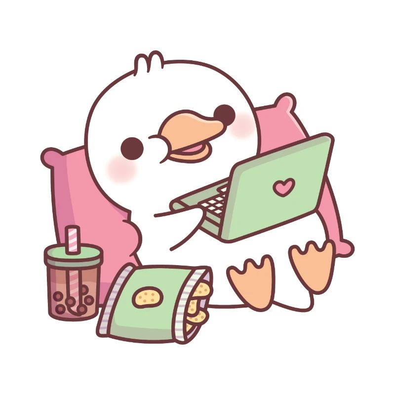 Cute Duck Chilling With Laptop And Snacks