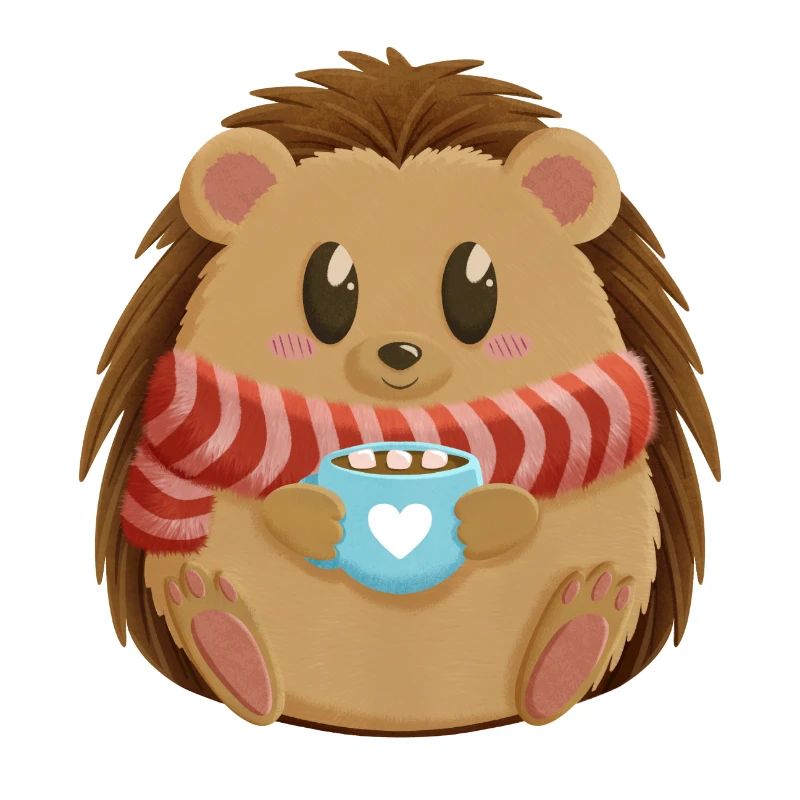 Hérisson mignon en tenue d’hiver avec cacao