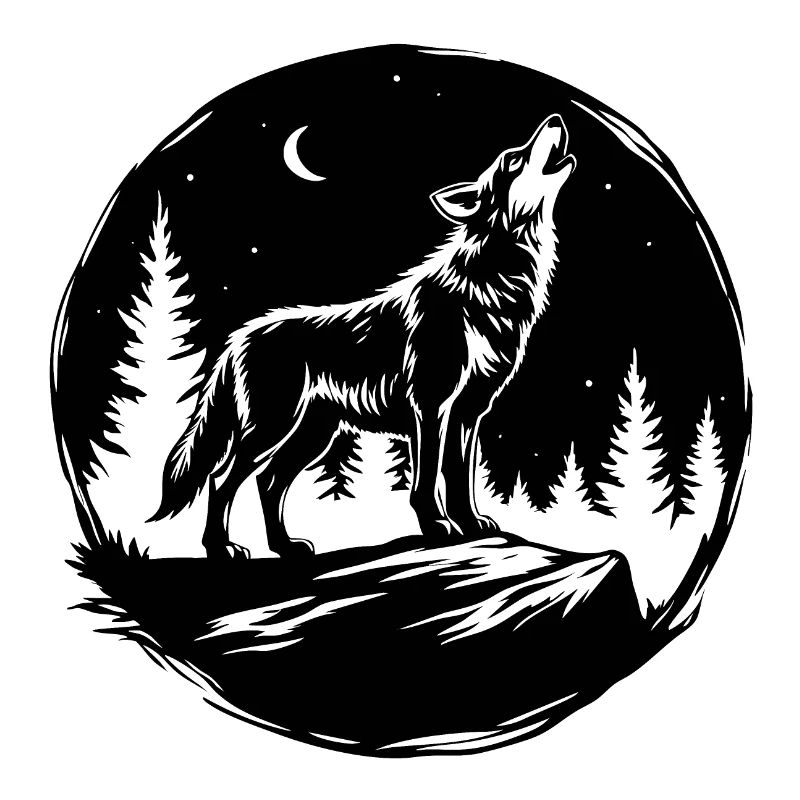 Schwarz-Weiß-Schablone: Heulender Wolf auf einem Felsen