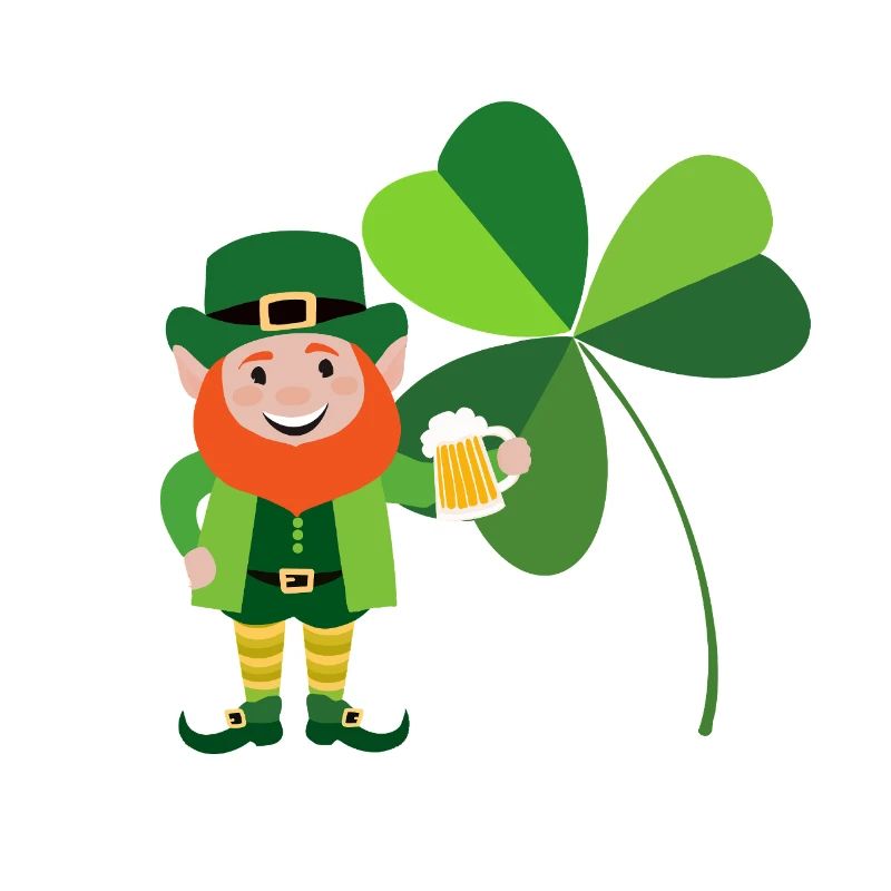 Leprechaun souriant devant un trèfle irlandais