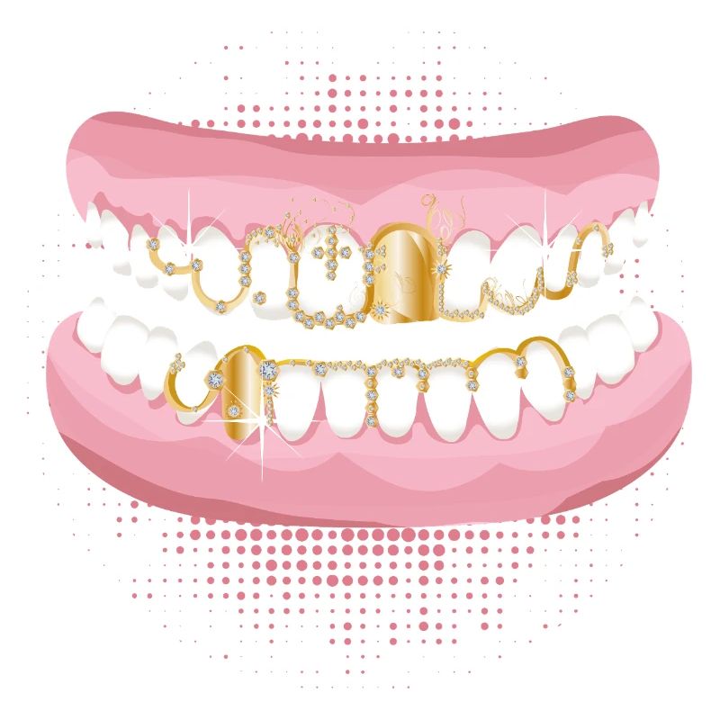 Deux rangées de dents avec un motif de grilles dorées opulentes